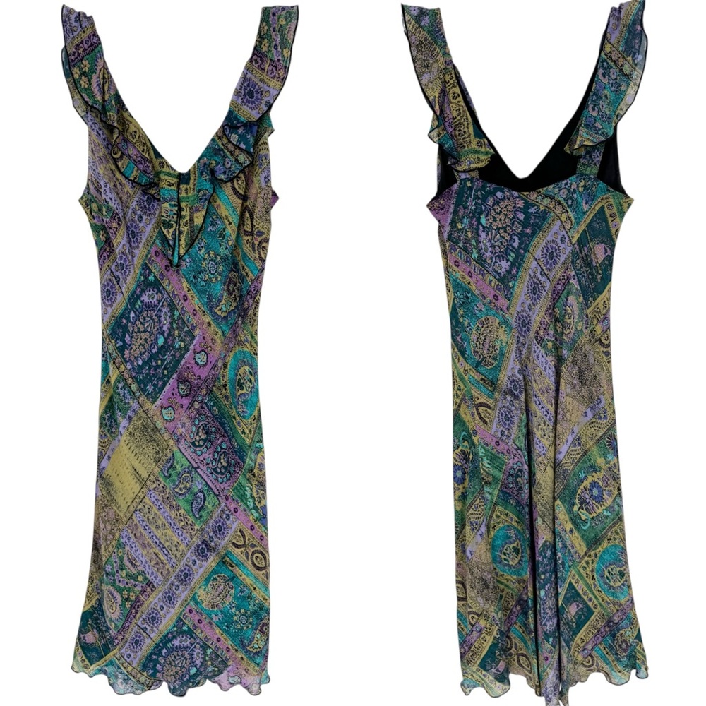 Vintage Fairycore Y2K Flowy Bias Cut Patchwork Paisley Print Midi Dress Lapis M